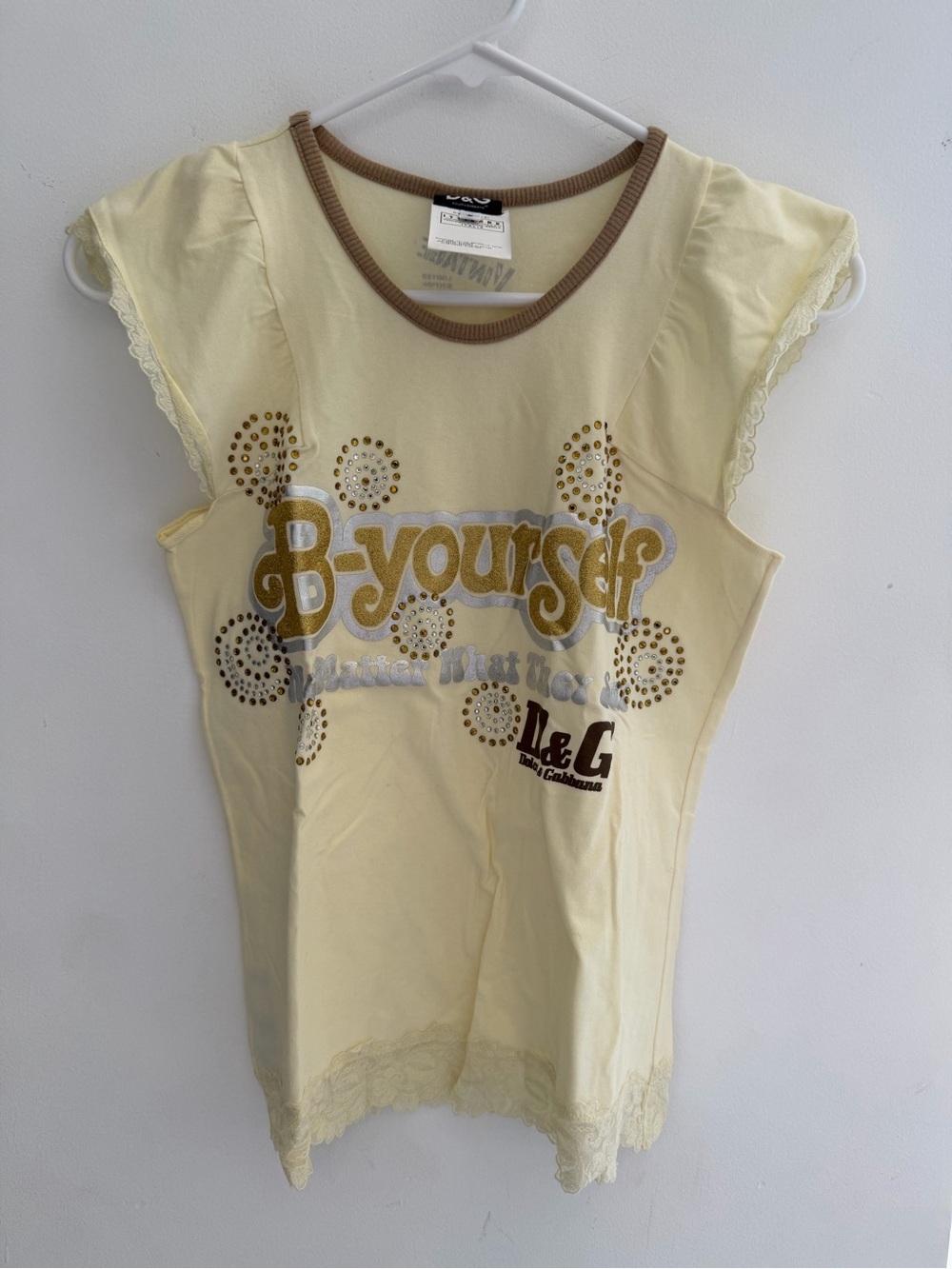Vintage Dolce & Gabbana Yellow Graphic 'B-yourself' Tee with Brown Trim